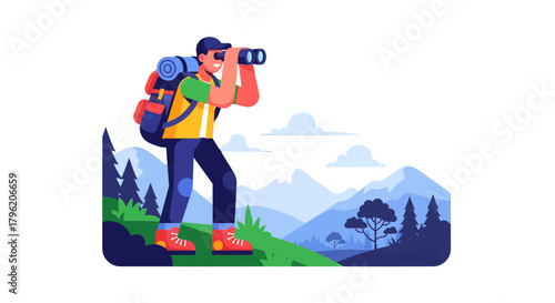 Adventurous Hiker Observing Mountains Through Binoculars With Impressive Landscape Vistas
