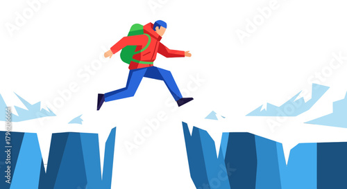 Adventurous Hiker Leaping Over Mountain Chasm with Determination and Focus Illustrated