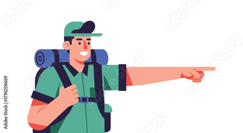 Adventurous Hiker Indicating Direction Towards Something With Backpack And Smiling
