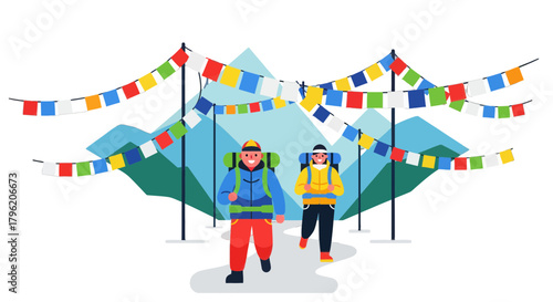 Adventurous Couple Traversing Mountainous Terrain Beneath Auspicious Prayer Flags Expedition