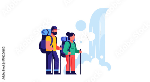 Adventurous Couple Trekking Near A Waterfall And Exploring The Natural Wonders