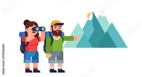 Adventurous Couple Trekking and Appreciating Mountain Overlook In A Scenic Environment
