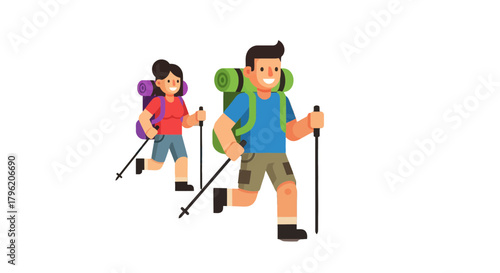 Adventurous Couple Trekking Through Nature With Backpacks and Poles for Exploration