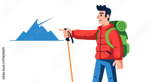 Adventurous Hiker Pointing Towards Majestic Mountain Peak Expedition Destination