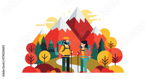 Adventurous Couple Trekking Through Majestic Mountains with Delightful Autumnal Scenery