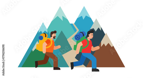 Adventurous Couple Traversing Mountainous Terrain in a Bold and Colorful Illustration