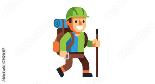 Adventurous Hiker Smiling While Hiking With A Backpack And Hiking Stick On A Black Background