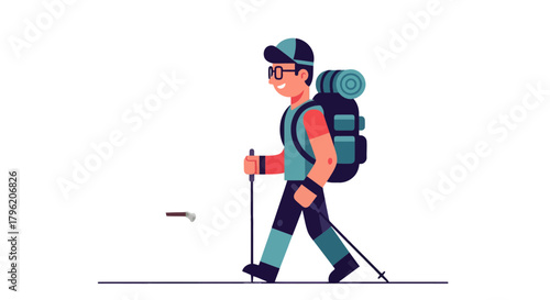 Adventurous Hiker Smiling While Walking With Hiking Gear And Backpack