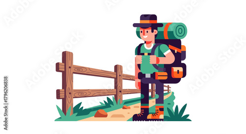 Adventurous Hiker Standing By Wooden Fence Ready For The Journey Into Nature's Beauty