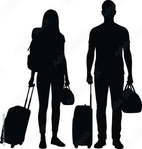 Travelers silhouette, rolling suitcases, black and white art, journey scene, travel gear, mobility, airport moment, luggage, walking pose, modern travel, duo