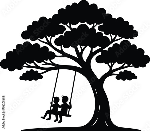 Tree silhouette, children swing, nostalgic moment, childhood joy, peaceful scene, black and white art, friendship, nature, innocence, emotional bond, timeless memory