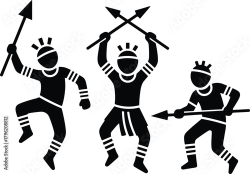 Tribal warrior figures with spears performing traditional dance, ancient culture illustration, ethnic art, native tribal warrior symbol design