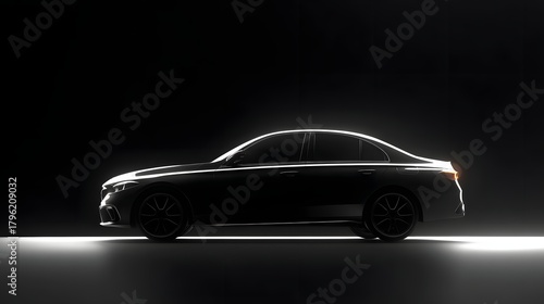 Modern luxury sedan silhouette illuminated dramatically against a dark background