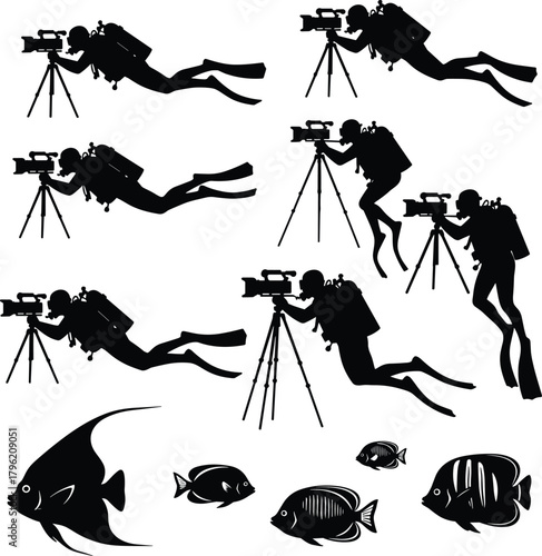 Underwater diver cameraman shooting marine life with professional camera tripod, scuba diving silhouette scene showing ocean wildlife photographer capturing fish underwater environment