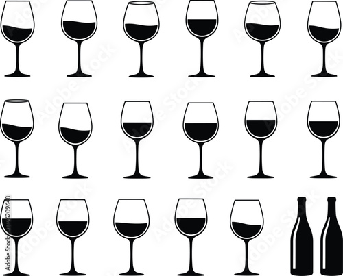 Wine glass silhouette collection with various filled levels, elegant drinkware icons, black vector wine glasses and bottles for bar design illustrations