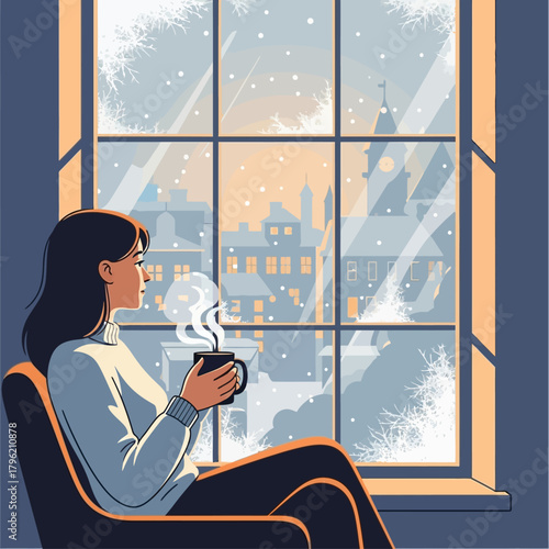 A woman finds warmth and comfort indoors, observing a serene winter wonderland and snowfall through a frosted window while enjoying a hot beverage