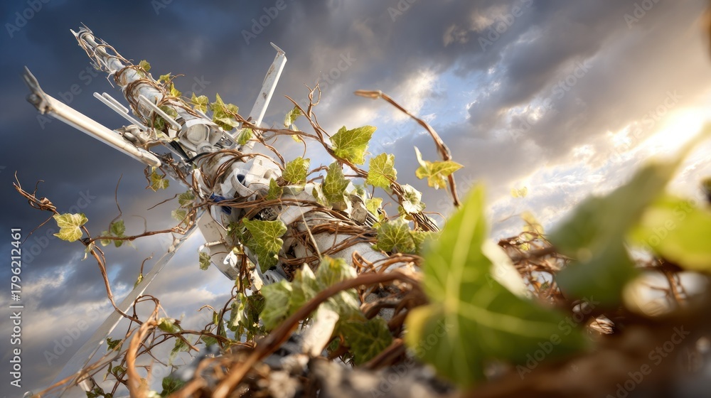 Fototapeta premium Metal structure overgrown with ivy, dramatic sky