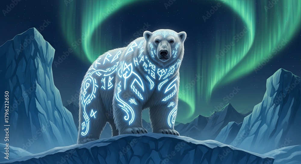 Naklejka premium Mystical Polar Bear Illuminated by Aurora Borealis in Arctic Landscape.