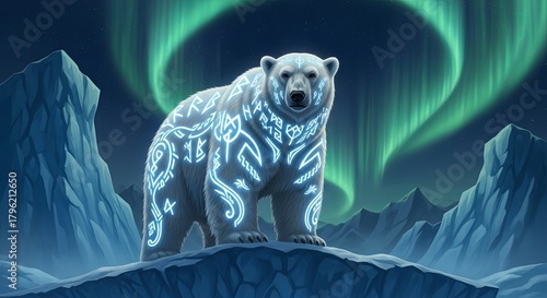 Mystical Polar Bear Illuminated by Aurora Borealis in Arctic Landscape.