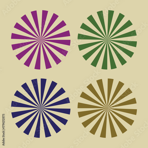 Four circles display a sunburst pattern in purple, green, navy and brown on a tan backdrop