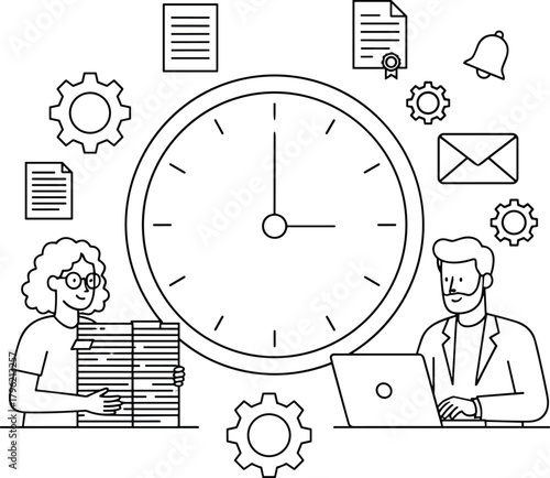 Time management concept with business people working, productivity planning, office teamwork, task organization, schedule control, efficiency improvement illustration