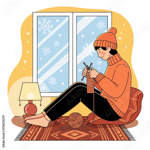Cozy Winter Knitting A Person Enjoying Crafting by the Window with Snowflakes Falling Outside