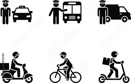 Transport and delivery icons set showing taxi driver, bus driver, van driver, bike courier, bicycle rider, and scooter delivery