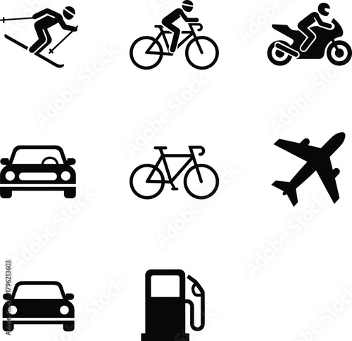 Transportation and travel icon set including car, bicycle, airplane, motorcycle, skiing, and fuel pump pictograms in black silhouette style
