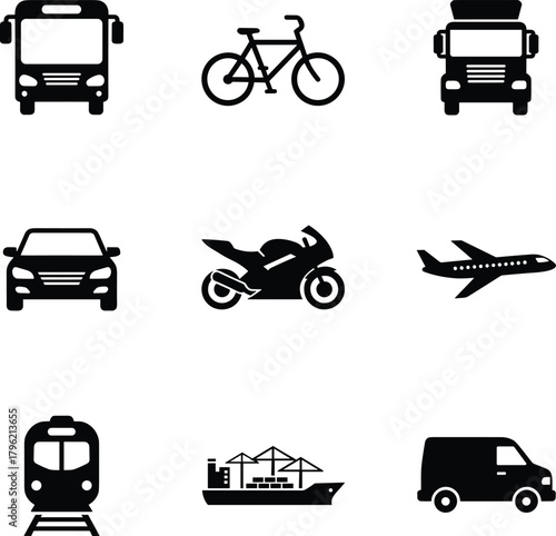 Transportation and travel icon set, includes bus, bicycle, car, motorcycle, airplane, train, ship, truck, delivery van symbols