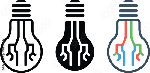 Light Bulb Icons Set Outline Solid Color with Wires , light bulb, idea, innovation, concept, icon,