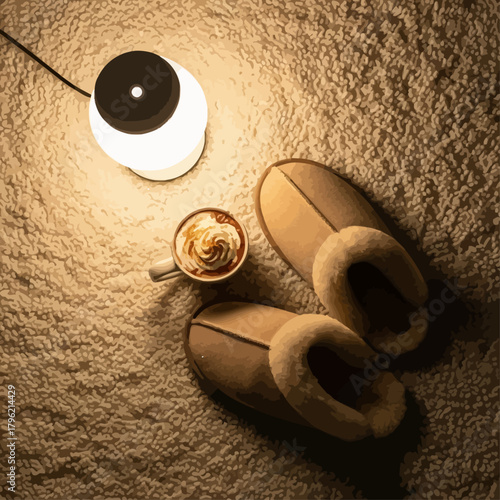 Warm glow illuminates a cozy evening scene with comforting slippers and a delightful whipped cream drink on a soft, inviting rug, perfect for ultimate relaxation and unwinding at home