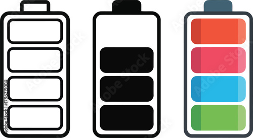 Three battery icons showing different charge levels and styles , battery, power, energy, charge, full, empty,