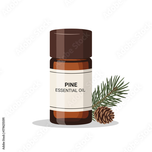 Pine Essential Oil Bottle with Pinecone and Sprig Illustration - Natural Aromatherapy