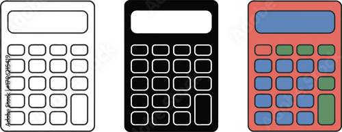 Three Calculator Icons Line Art Silhouette and Color Keywords: calculator, icon, symbol, math, mathematics, finance, accounting, business