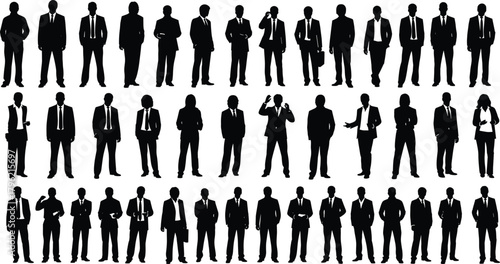 Business silhouettes, corporate people standing, professional team illustration, office workers, leadership concept, teamwork design, formal attire, business success, company professionals, unity.