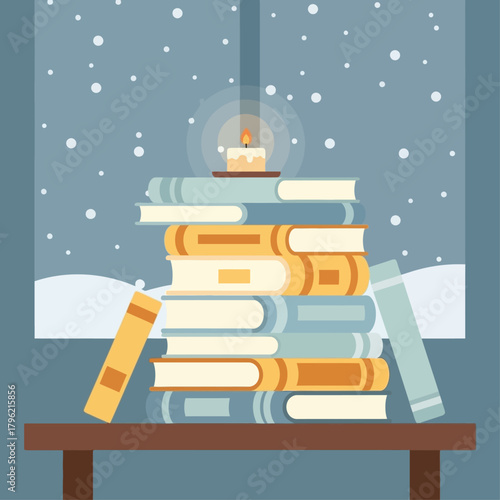 Cozy winter reading scene with a glowing candle atop a stack of colorful books, framed by a snowy window view, perfect for a relaxing evening