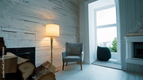 Cozy room interior with stacked firewood and a warm fireplace