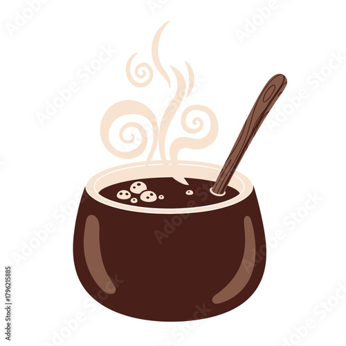 Steaming hot cocoa in a brown pot with a wooden spoon and swirling steam, a comforting beverage