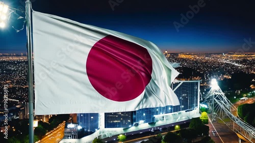 Japanese flag proudly waving high over a vibrant city at night