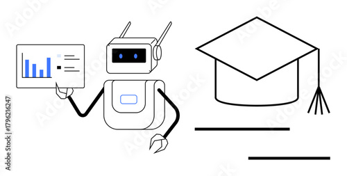Robot presenting statistical data on a chart next to a graduation cap. Ideal for AI in education, e-learning, online courses, innovation, data analysis, training, future concepts. A simple flat