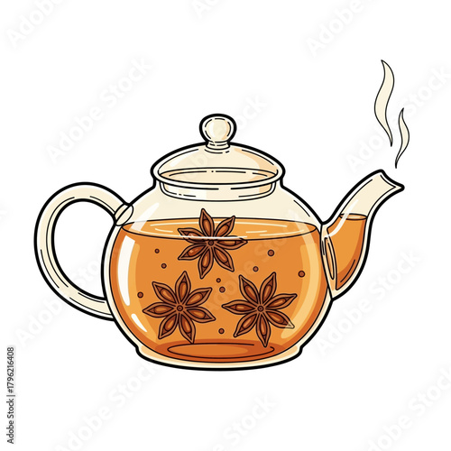 Charming hand-drawn illustration depicting a clear glass teapot filled with a warm, fragrant beverage infused with star anise, gently steaming to evoke comfort and aromatic spice