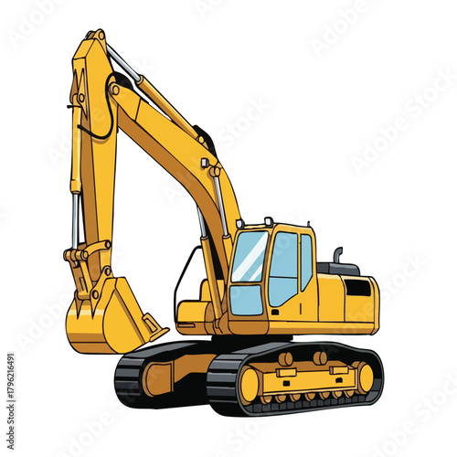 Yellow heavy industrial construction digger excavator machinery isolated on a white background