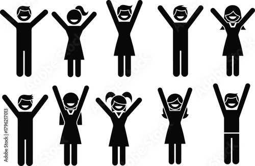 Happy people icons, joyful silhouettes, celebration concept, success illustration, cheerful group, excitement pose, happiness, motivation, teamwork, positive energy design.