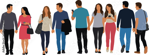 Walking people, modern couples, urban lifestyle, casual clothing, street fashion, vector illustration, diverse group, communication, friendship, trendy outfits, social interaction.