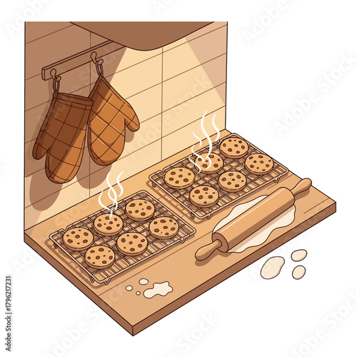 Delicious chocolate chip cookies cooling on racks, kitchen preparation with oven mitts and rolling pin