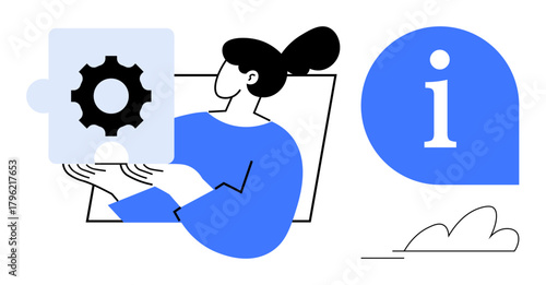 Woman holding puzzle piece with gear symbol, symbolizing problem solving, innovation, teamwork. Ideal for collaboration, strategy, ideas, leadership technology guidance. Simplified flat metaphor