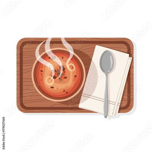 Top-Down View of a Bowl of Steaming Soup with a Spoon and Napkin on a Wooden Tray