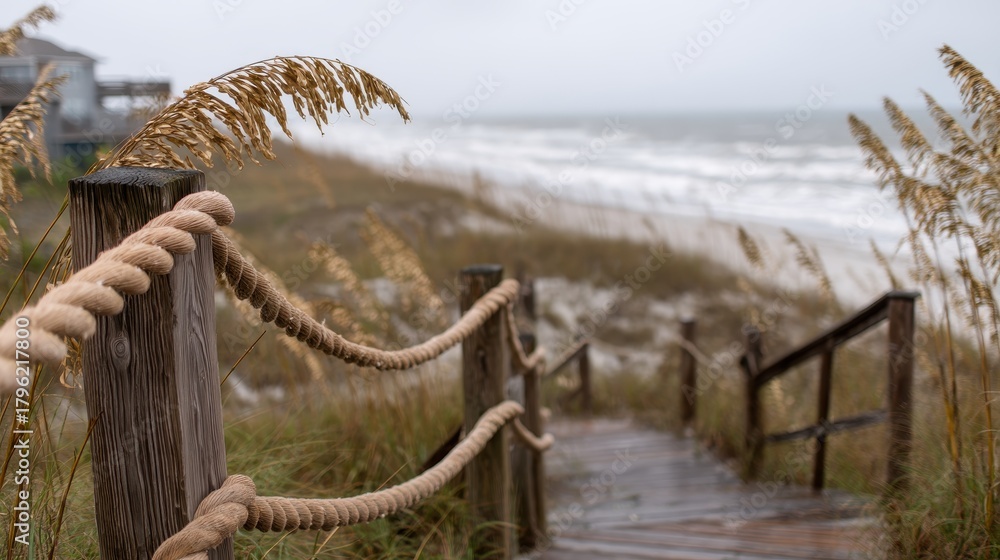 Obraz premium Wooden staircase with rope railing leading through sandy dunes with tall grass to a beach on a cloudy day