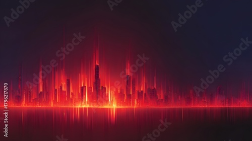 City skyline glows intensely with radiant red light reflecting on dark water