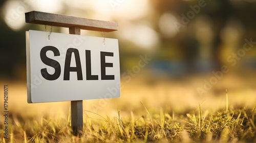 Wallpaper Mural Real estate advertisement signpost displays the word sale set in overgrown grass during golden hour Torontodigital.ca